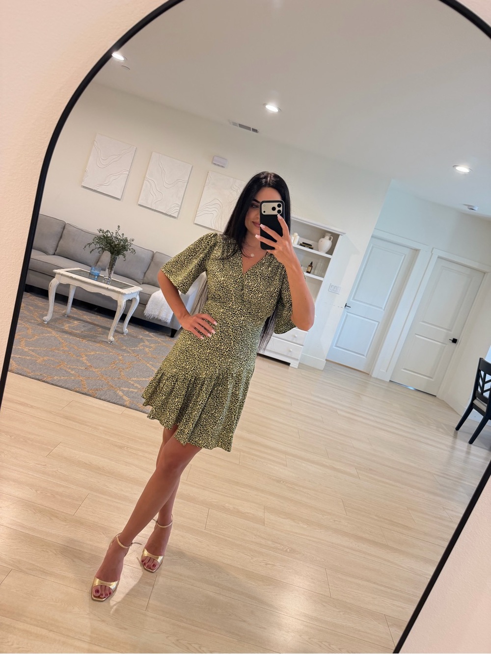 Topshop Green Floral V-Neck Ruffle Mini Dress